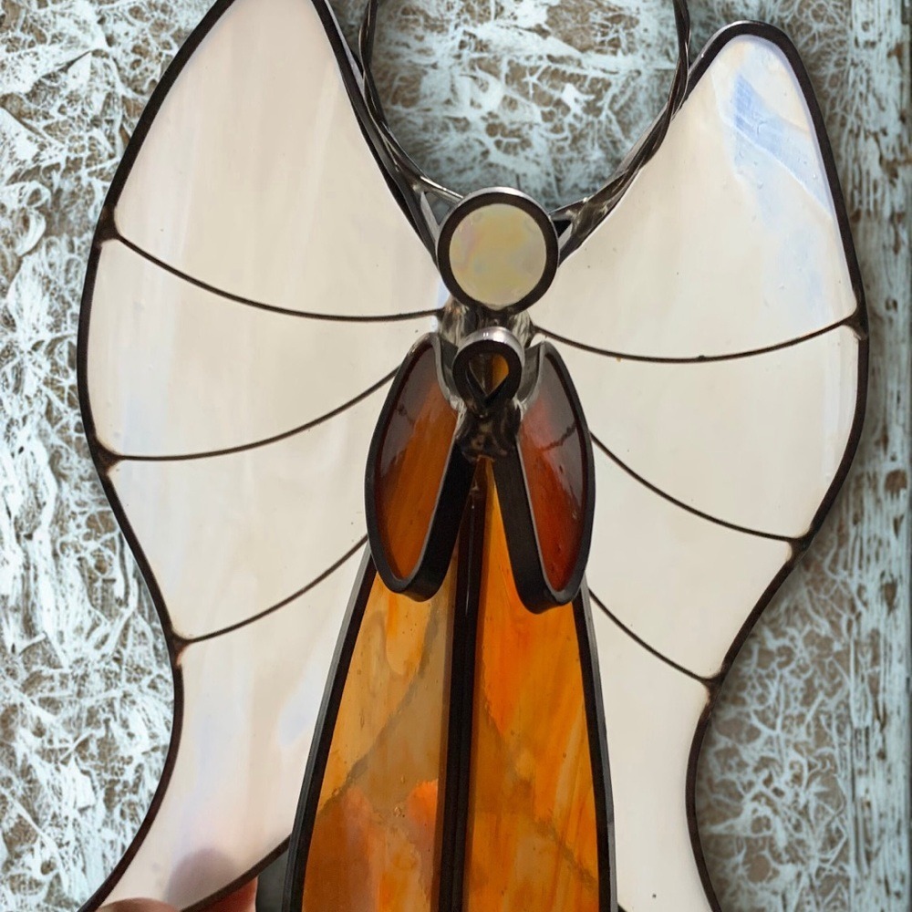 Vintage Stained Glass Angel Figurine Amber White Retro Whimsigoth Cottagecore 8"